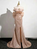 Rose Gold Off-the-Shoulder Sequin Mermaid Evening Gown with Fringe Trim