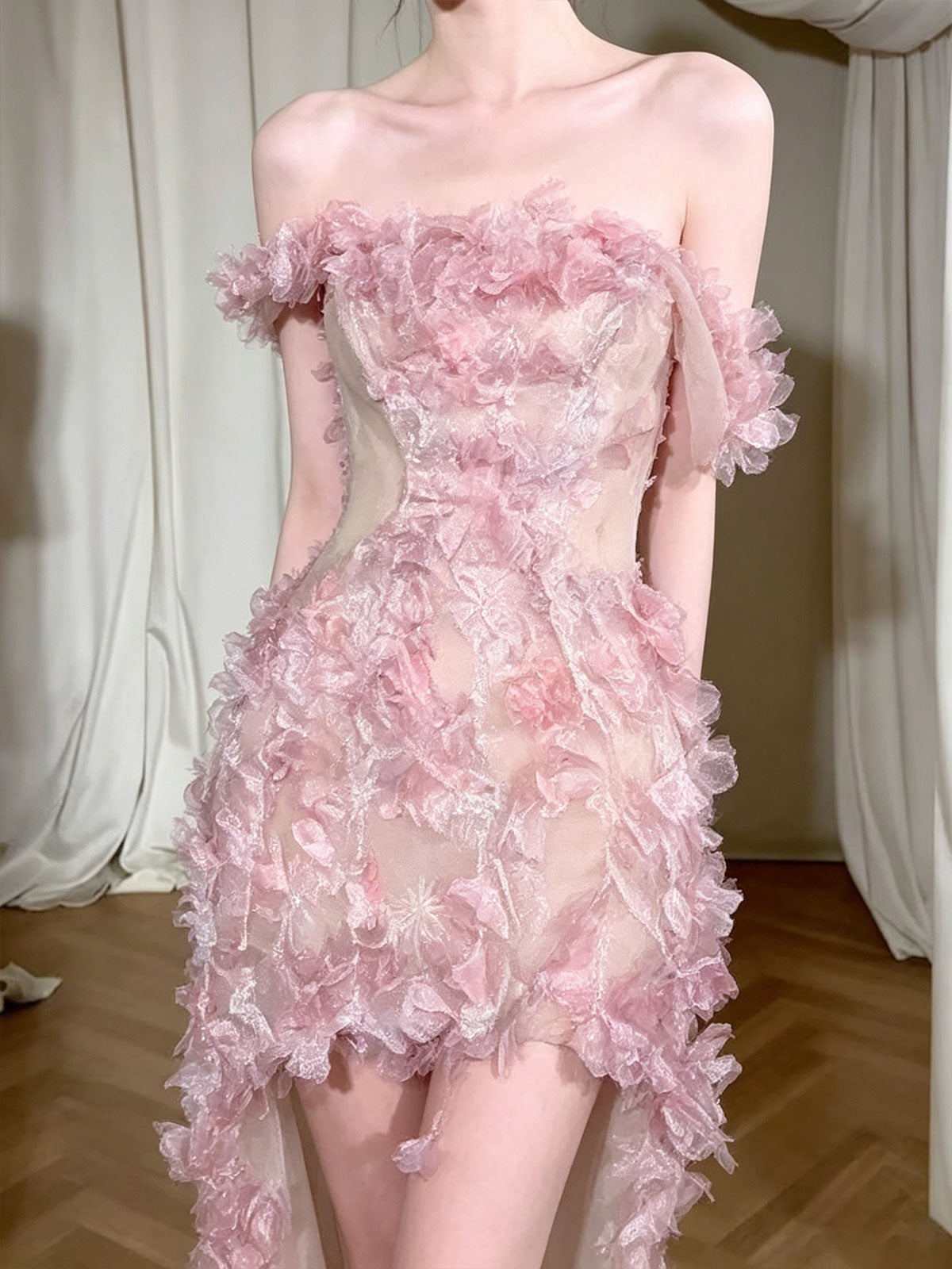 Off Shoulder Pink Petal High Low Tulle Mermaid Evening Gown