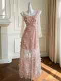 Blush Pink Spaghetti Strap Evening Gown with 3D Floral Appliqués