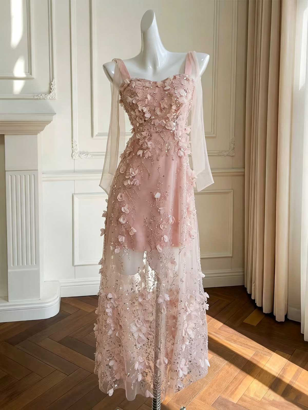 Blush Pink Spaghetti Strap Evening Gown with 3D Floral Appliqués