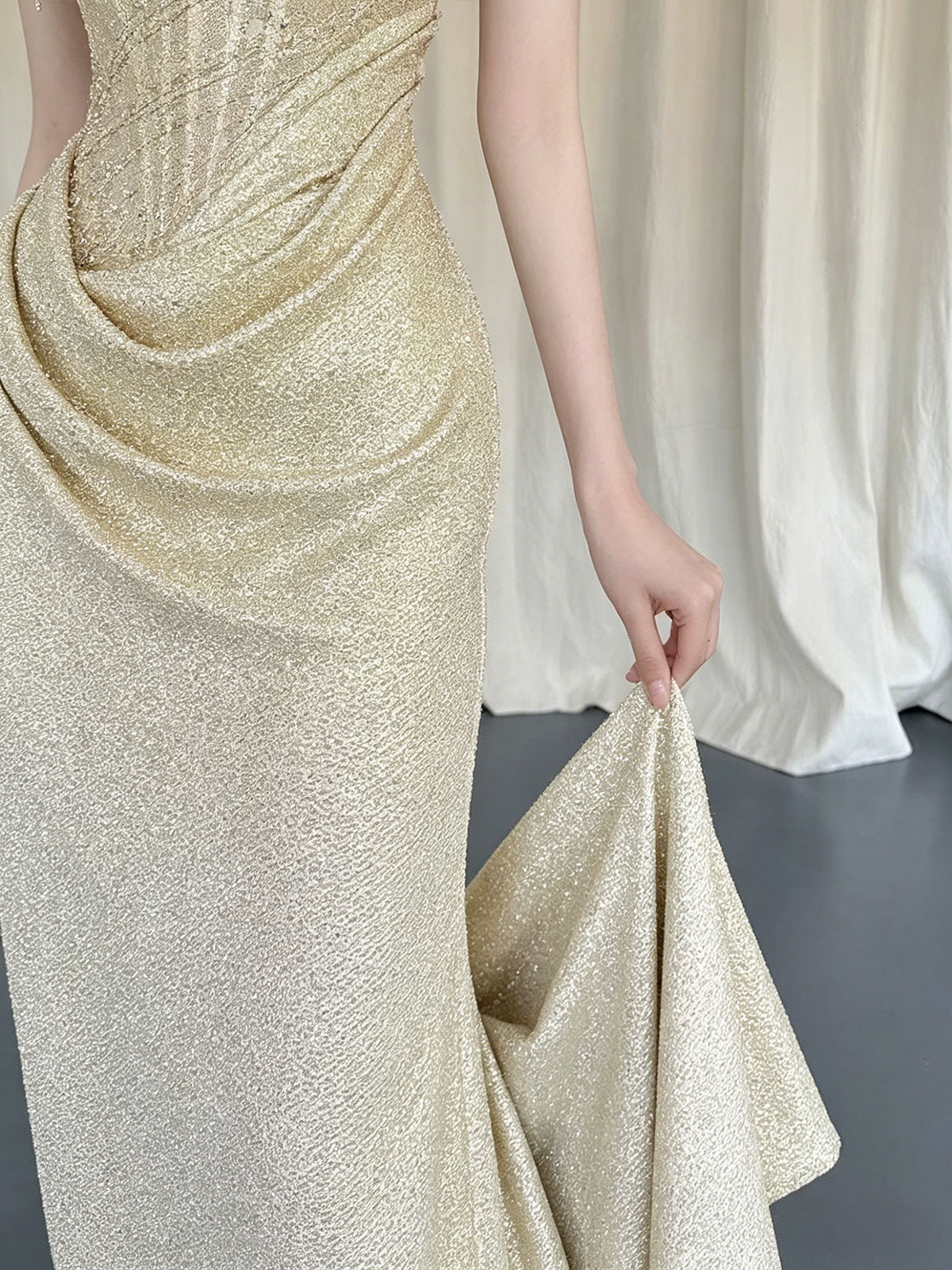 Sweetheart Champagne Draped Glitter Mermaid Formal Evening Gown