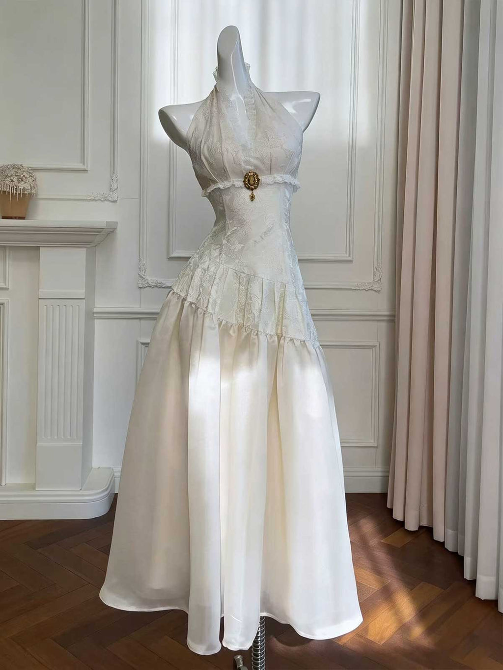 White Halter Lace Victorian Evening Gown with Corset Waist