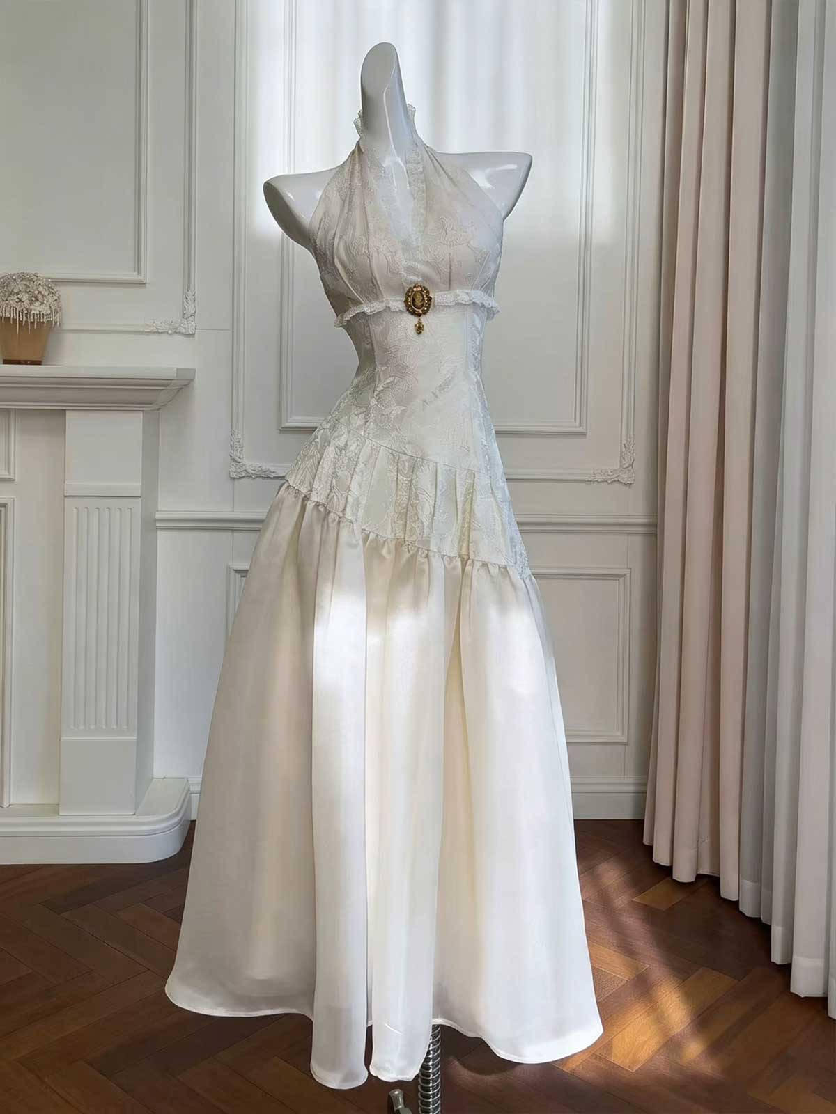 White Halter Lace Victorian Evening Gown with Corset Waist