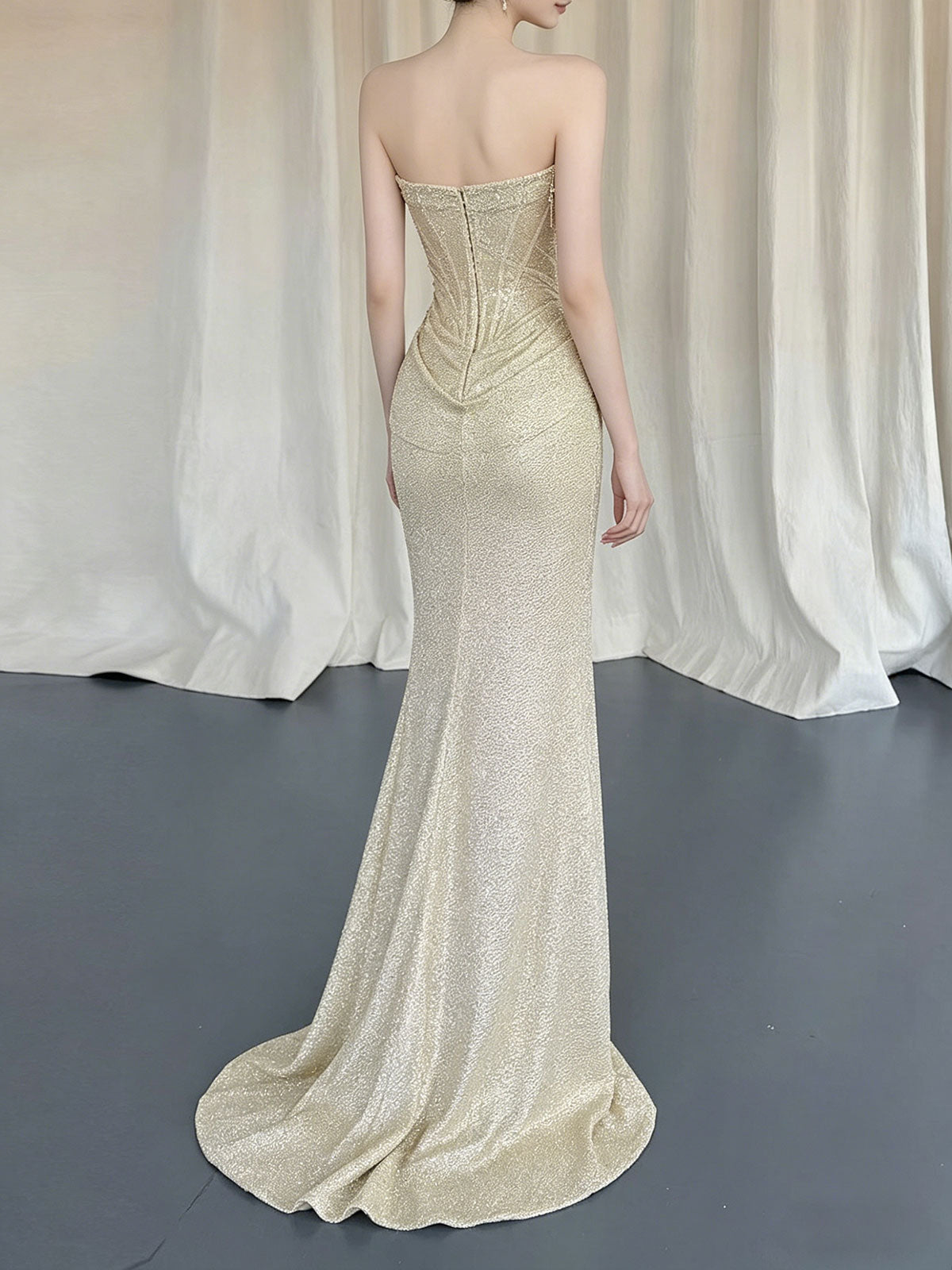 Sweetheart Champagne Draped Glitter Mermaid Formal Evening Gown