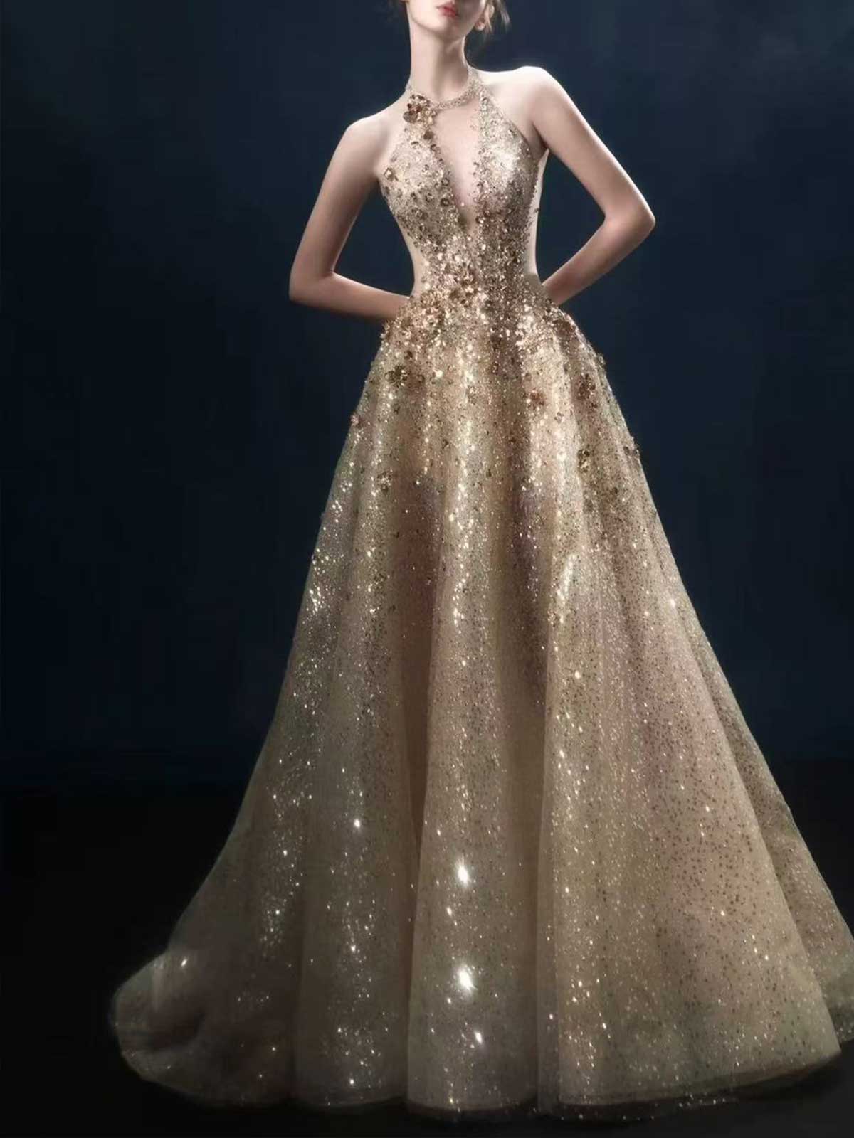 Champagne Gold Halter Sequin Ball Gown with Deep V Neck