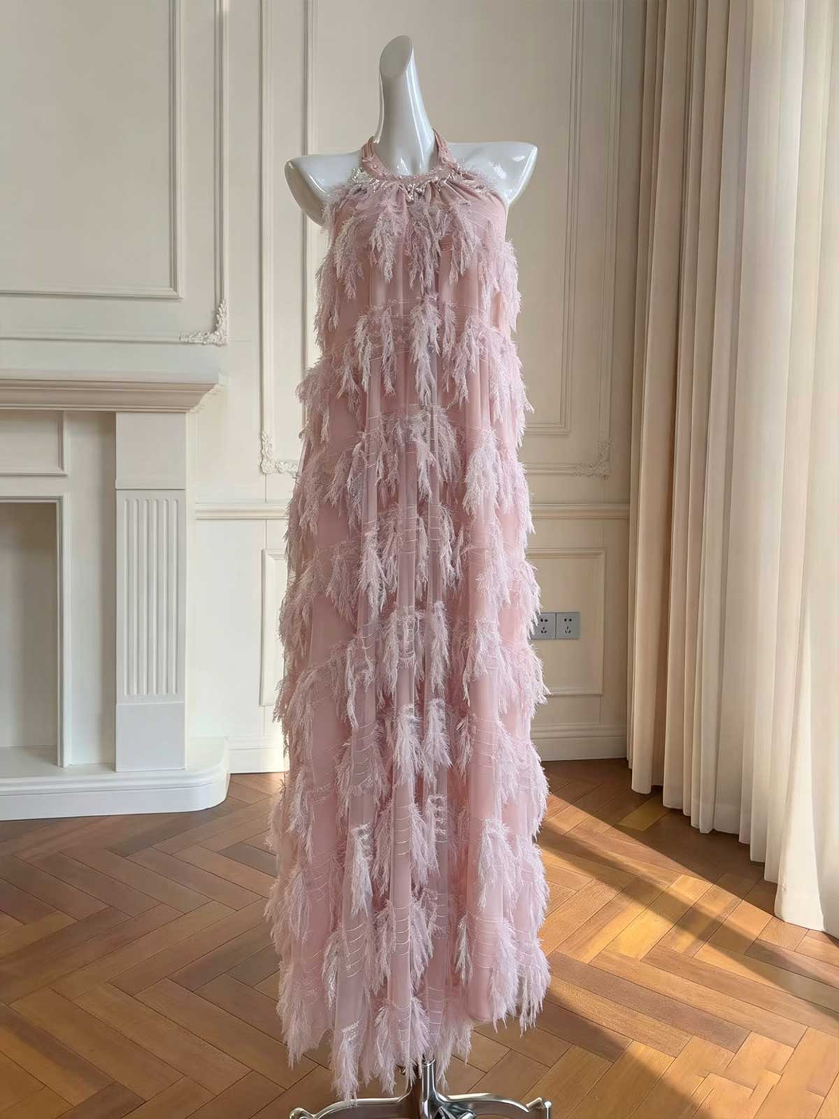 Blush Pink Halter Feather Tulle Evening Gown