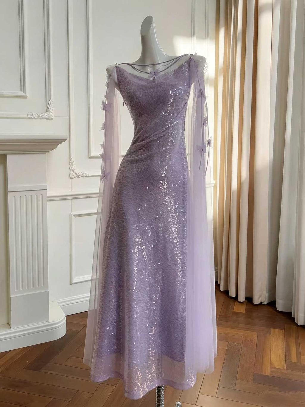 Lavender Halter Sequin Evening Gown with Tulle Cape Sleeves