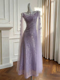 Lavender Halter Sequin Evening Gown with Tulle Cape Sleeves