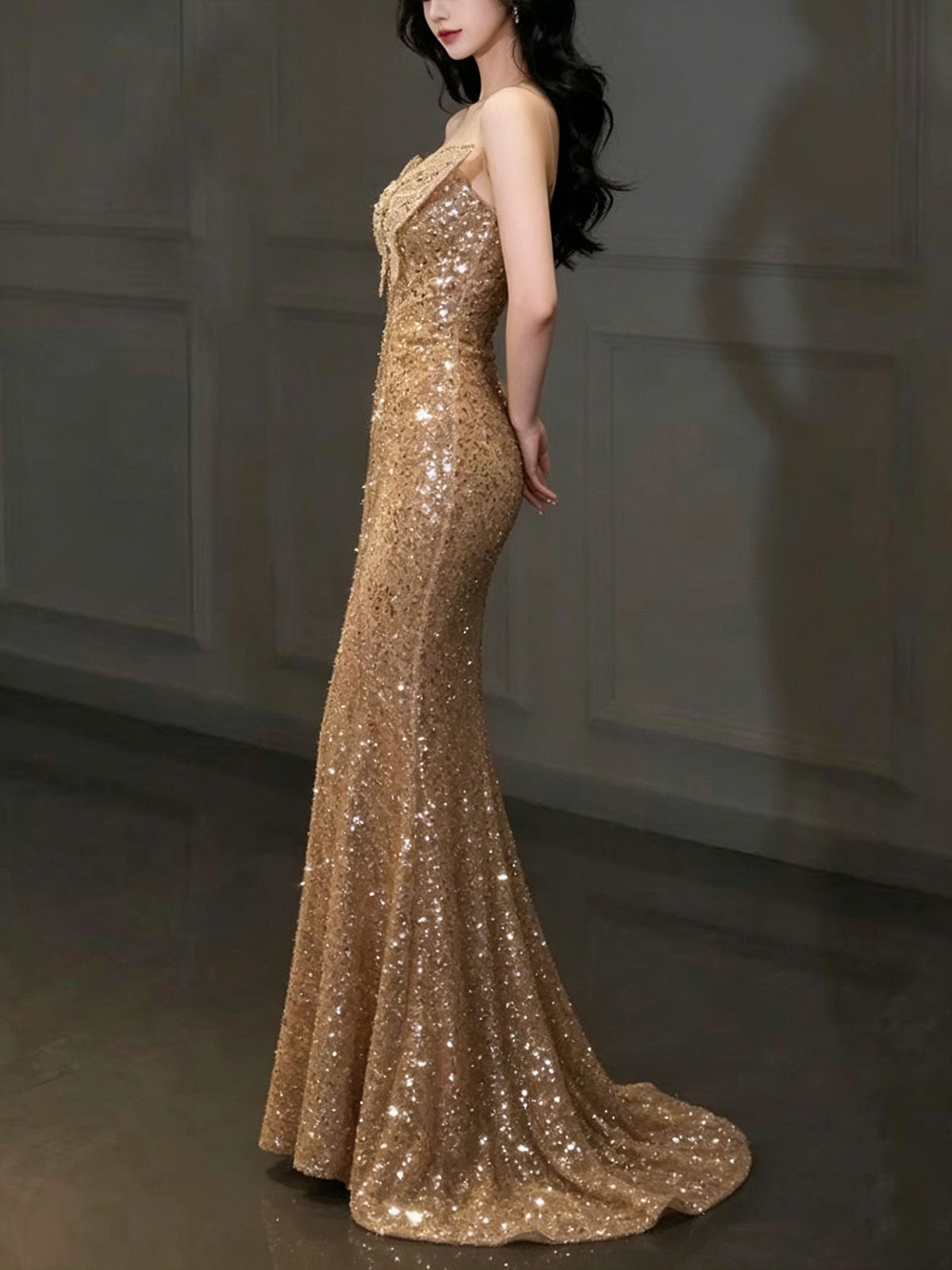 Sweetheart Gold Butterfly Sequin Fitted Mermaid Evening Gown
