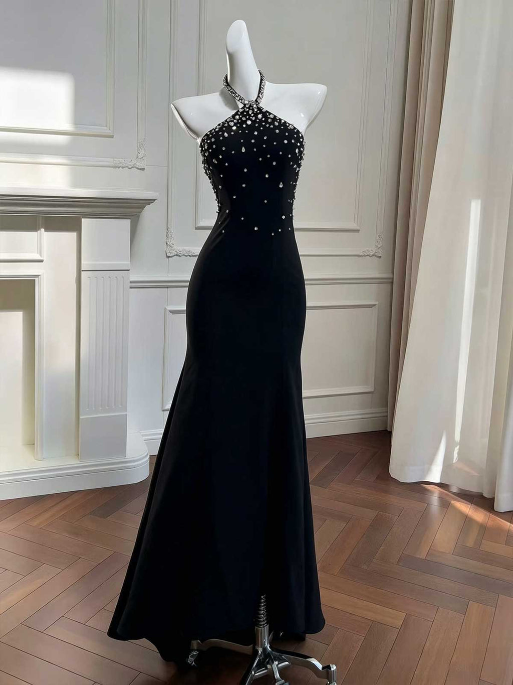 Black Halter Crystal-Embellished Mermaid Evening Gown