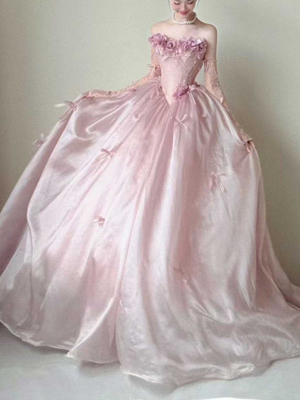 Blush Pink Strapless Satin Ball Gown with 3D Floral Appliqués