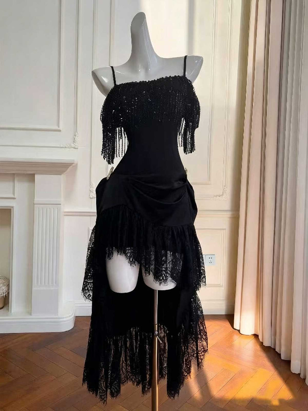 Black Spaghetti Strap Evening Dress with Fringe & Lace High-Low Skirt