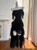Black Spaghetti Strap Evening Dress with Fringe & Lace High-Low Skirt