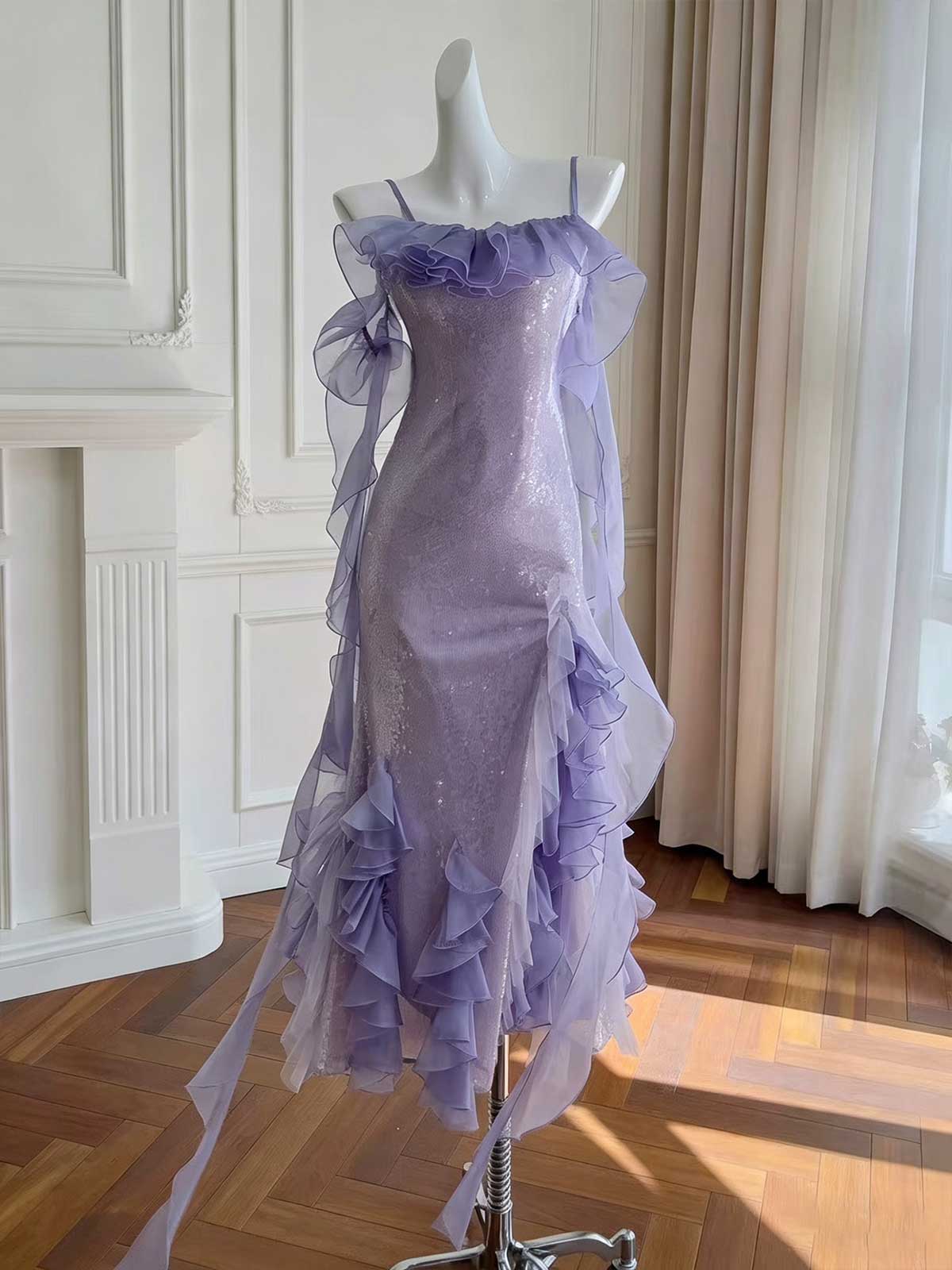Lavender Spaghetti Strap Sequin Evening Gown with Ruffled Tulle