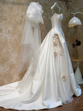Satin Strapless Ball Gown with 3D Floral Appliqué & Sheer Tulle Accents