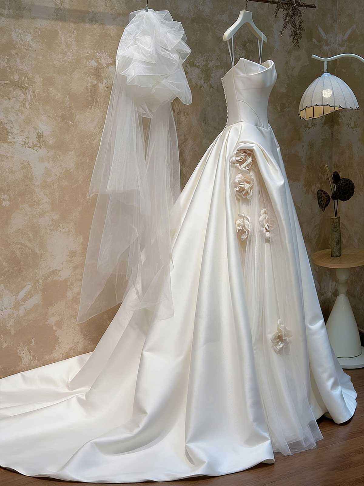 Satin Strapless Ball Gown with 3D Floral Appliqué & Sheer Tulle Accents