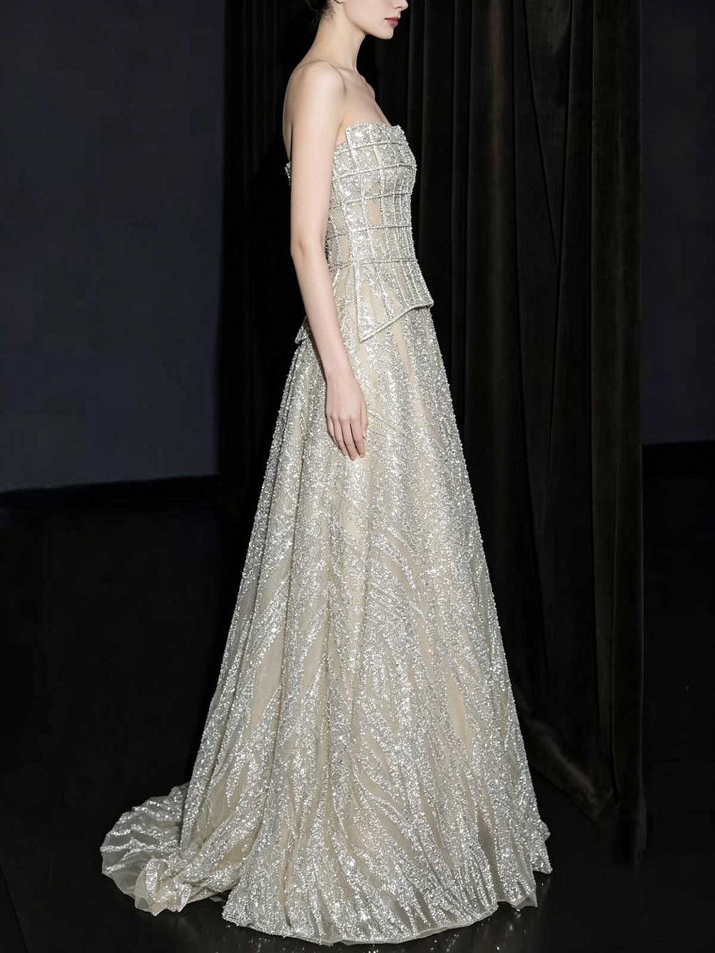 Silver Strapless Grid Beaded A-Line Evening Gown