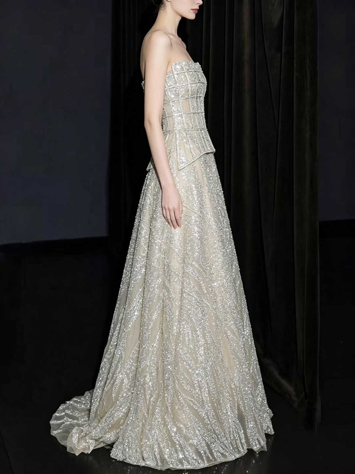 Silver Strapless Grid Beaded A-Line Evening Gown