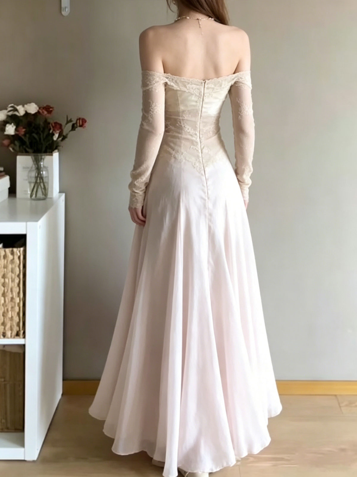 Off Shoulder Lace Mesh Flowy Chiffon Evening Maxi Dress