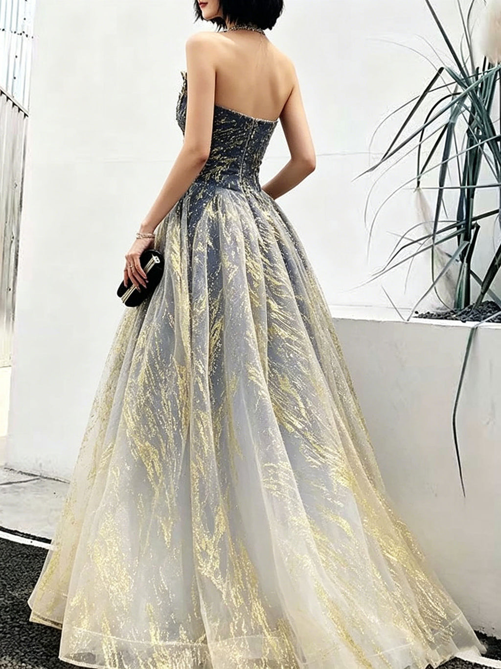Navy Blue Strapless Ball Gown with Gold Foil Glitter Tulle