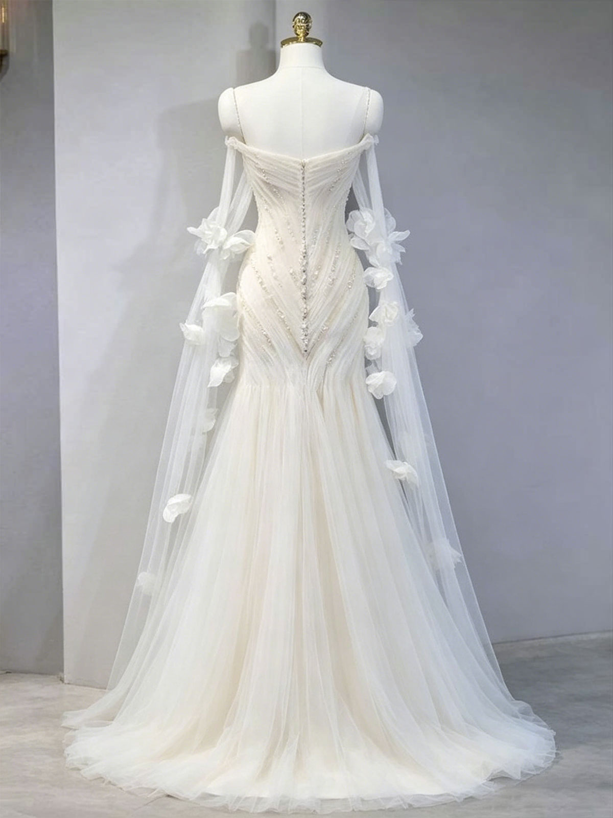 Ivory 3D Floral Applique Long Sleeve Tulle Mermaid Wedding Dress