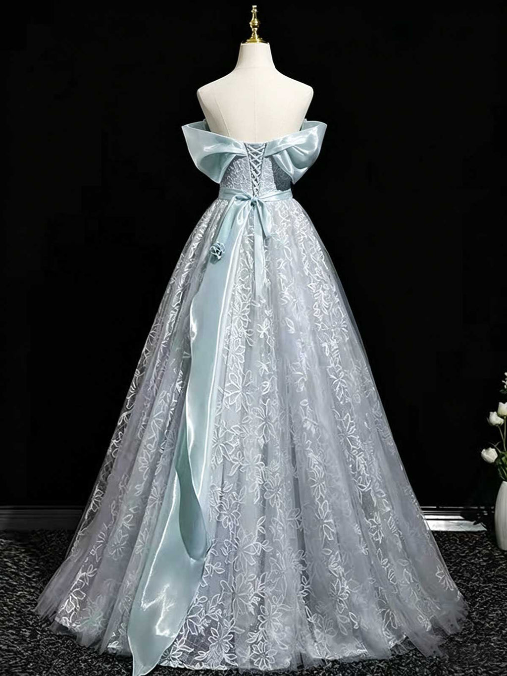 Light Blue Off-the-Shoulder Lace Ball Gown with Satin Bow Sash