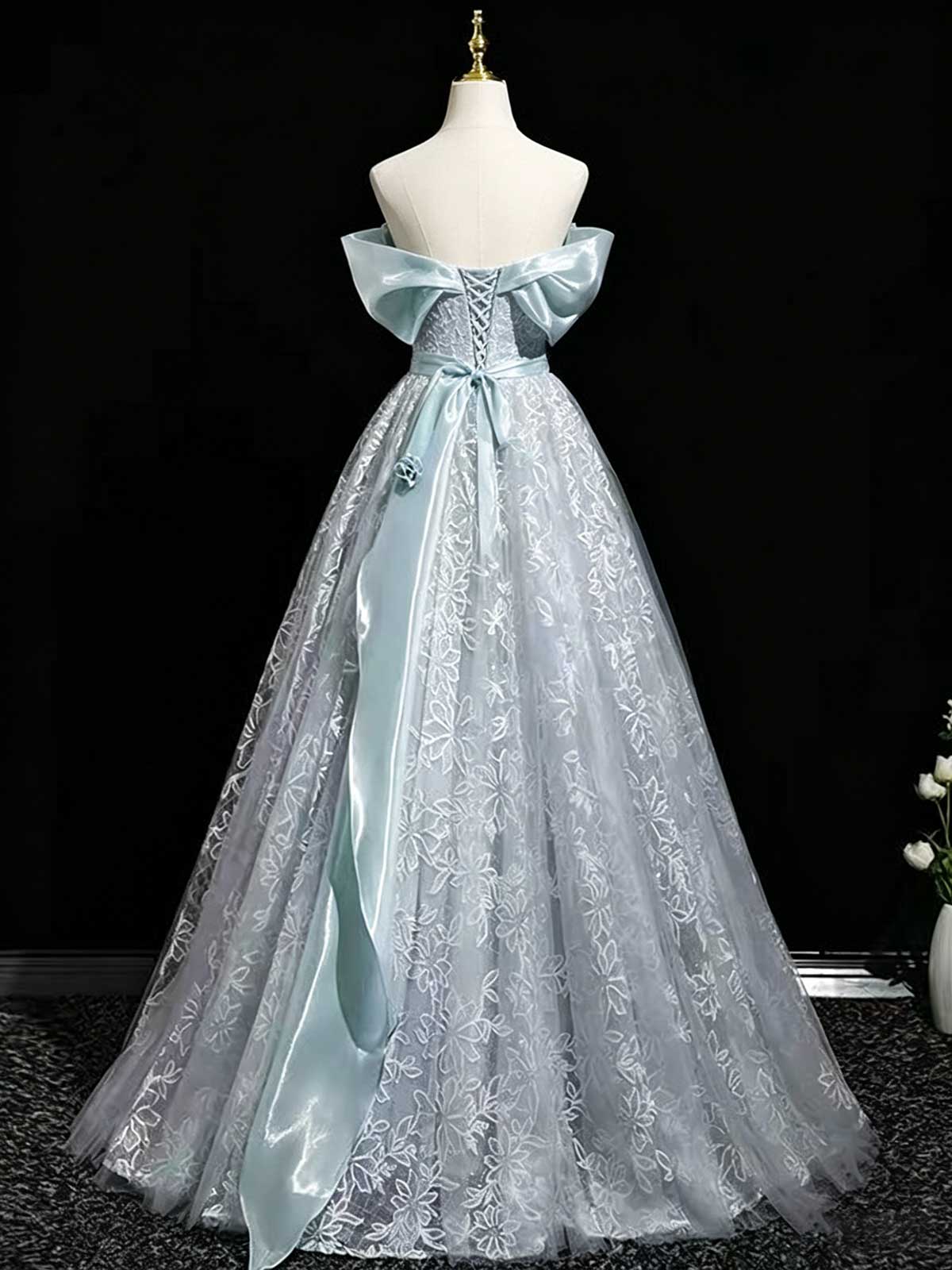 Light Blue Off-the-Shoulder Lace Ball Gown with Satin Bow Sash