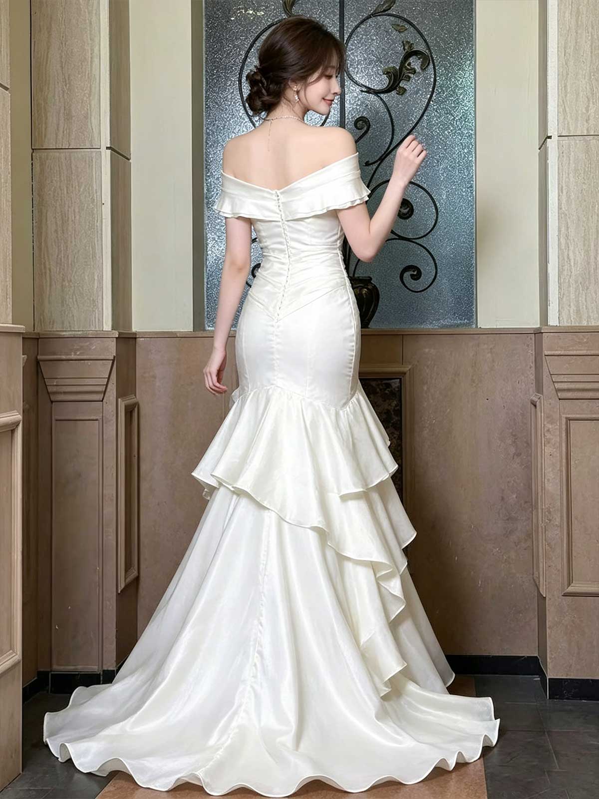 Ivory Satin Off-the-Shoulder Ruffle Tiered Mermaid Wedding Dress