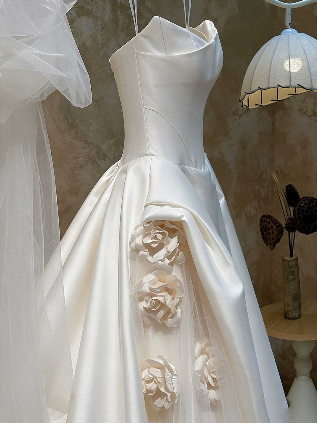 Satin Strapless Ball Gown with 3D Floral Appliqué & Sheer Tulle Accents