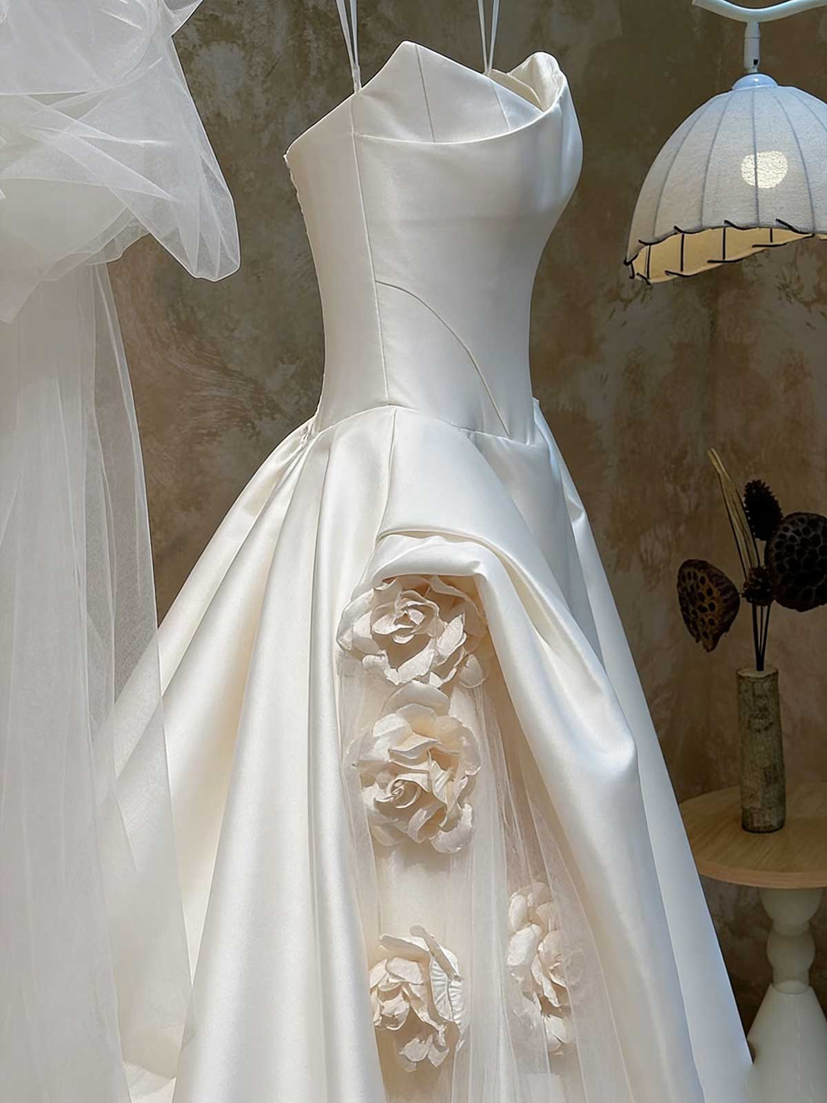 Satin Strapless Ball Gown with 3D Floral Appliqué & Sheer Tulle Accents