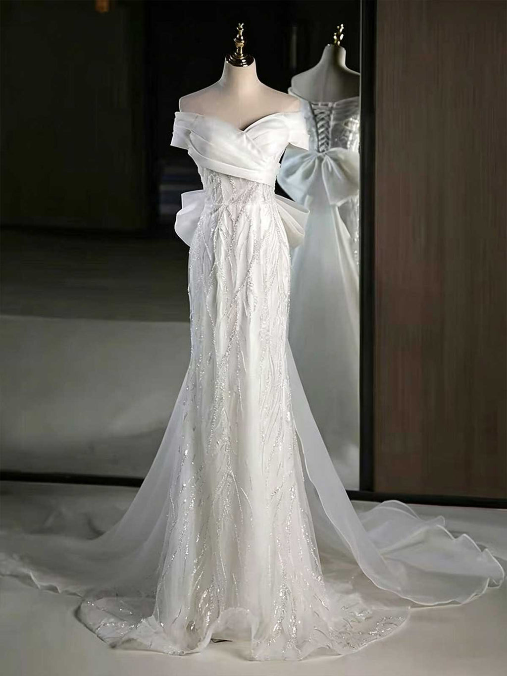 White Off-the-Shoulder Lace Mermaid Wedding Dress with Oversized Bow