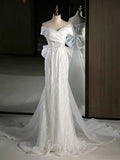 White Off-the-Shoulder Lace Mermaid Wedding Dress with Oversized Bow