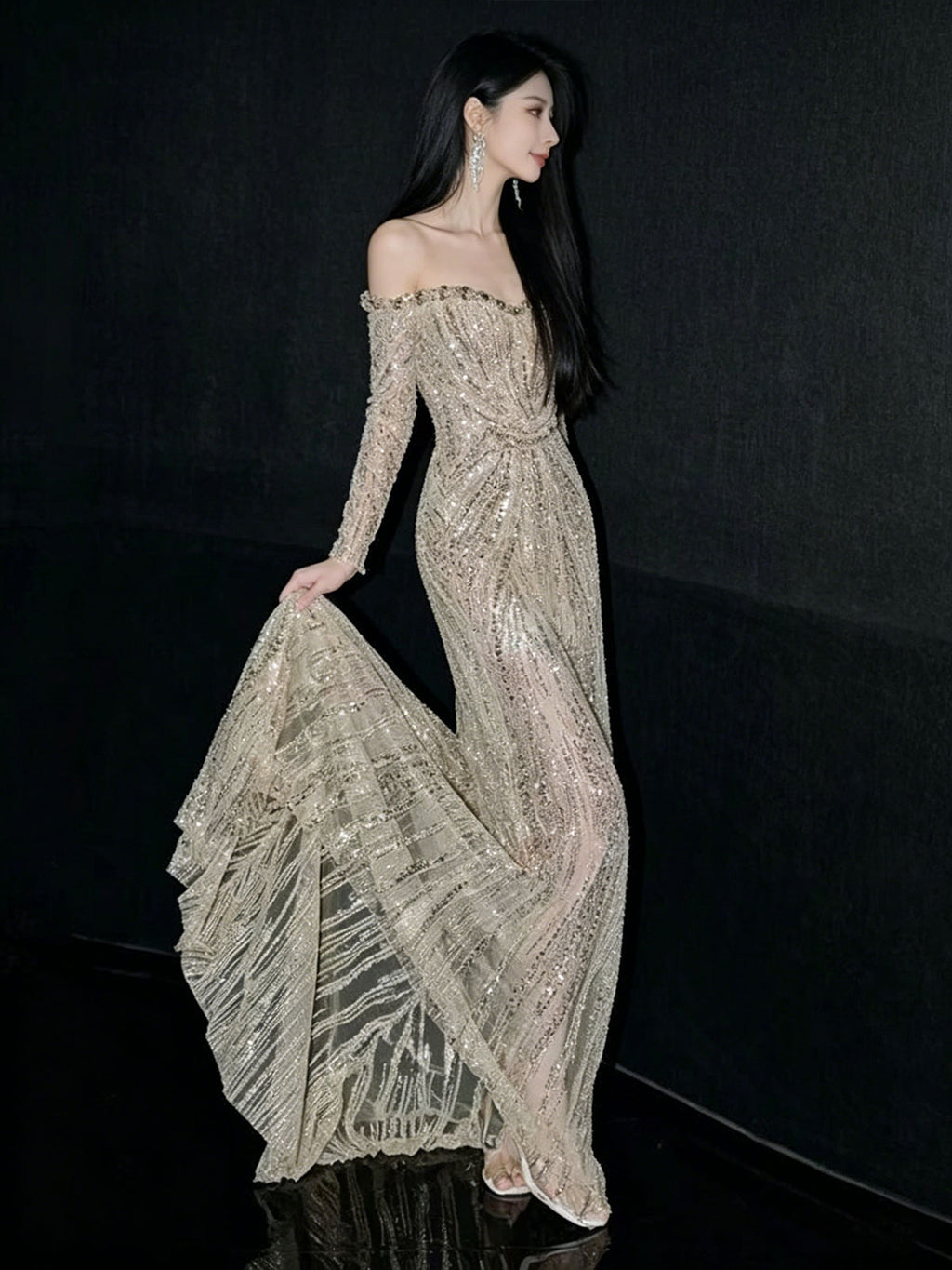 Off Shoulder Long Sleeve Ruched Sheer Sequin Mermaid Evening Gown