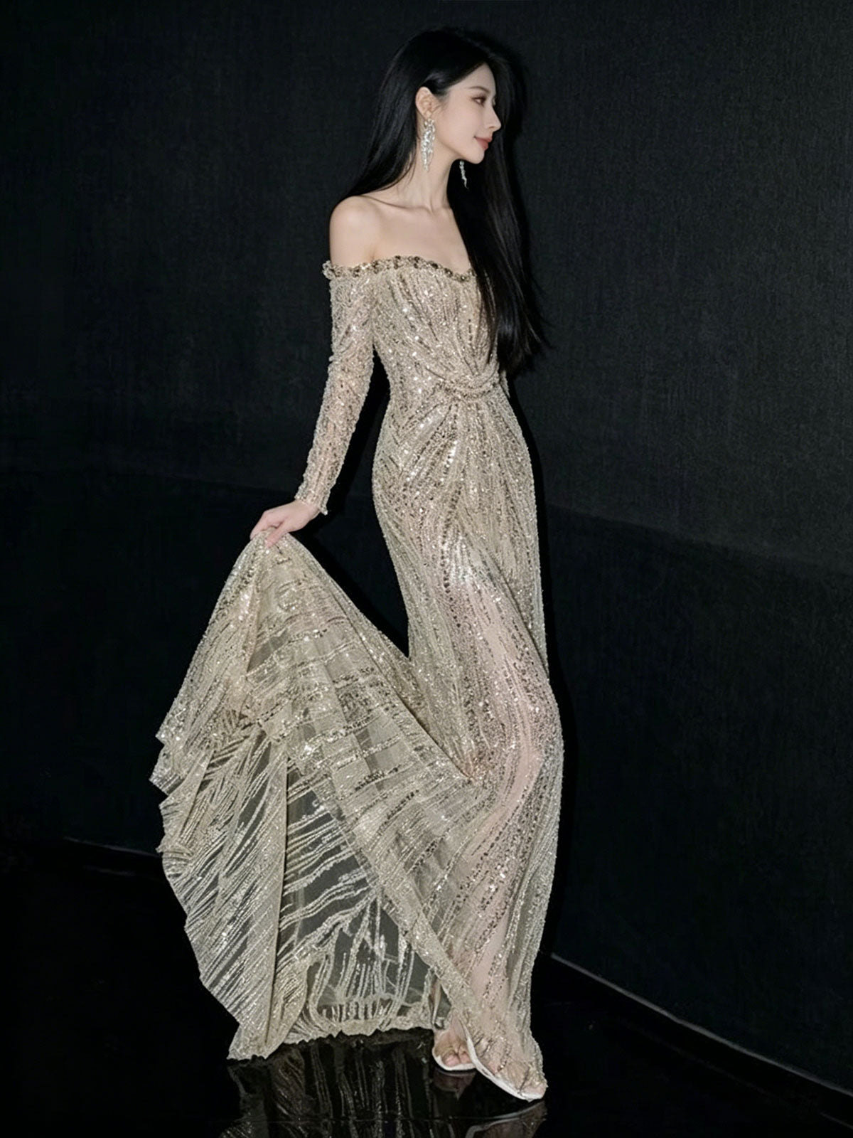 Off Shoulder Long Sleeve Ruched Sheer Sequin Mermaid Evening Gown