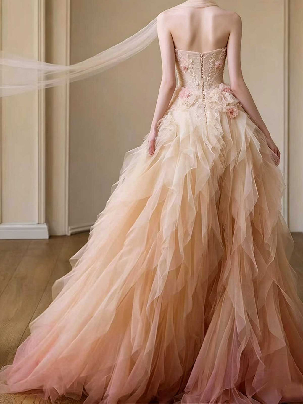 Blush Pink Strapless Ombre Tulle Evening Gown with 3D Floral Appliqués