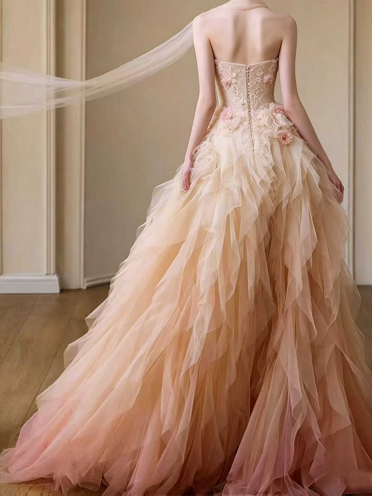 Blush Pink Strapless Ombre Tulle Evening Gown with 3D Floral Appliqués