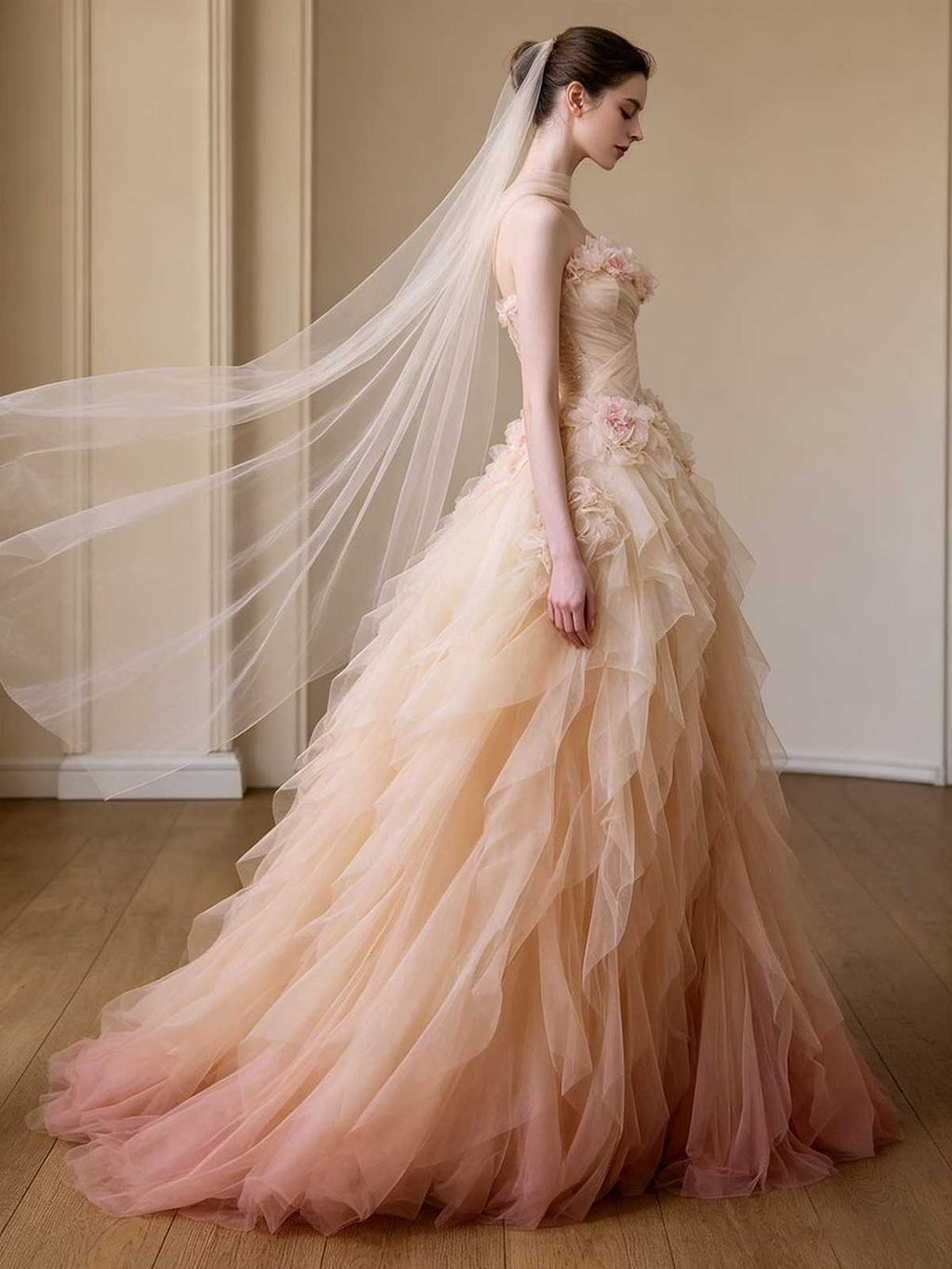 Blush Pink Strapless Ombre Tulle Evening Gown with 3D Floral Appliqués