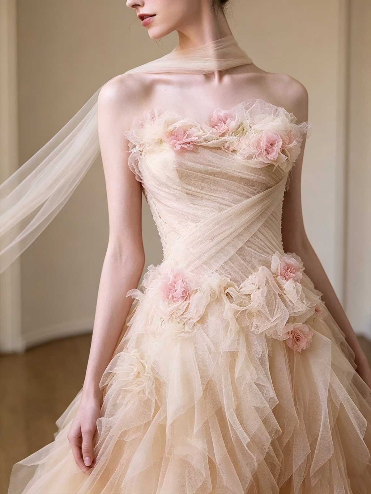 Blush Pink Strapless Ombre Tulle Evening Gown with 3D Floral Appliqués