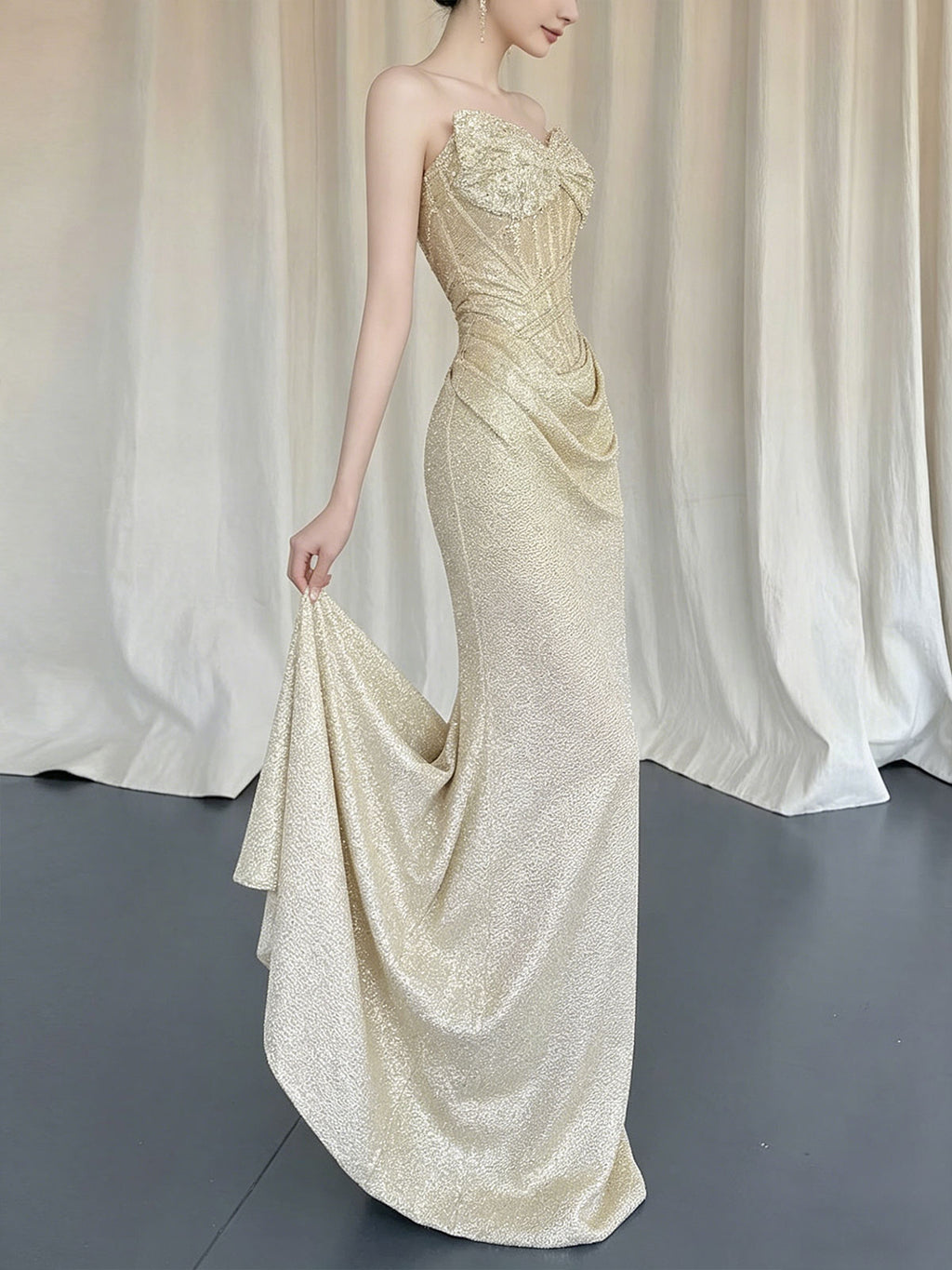 Sweetheart Champagne Draped Glitter Mermaid Formal Evening Gown