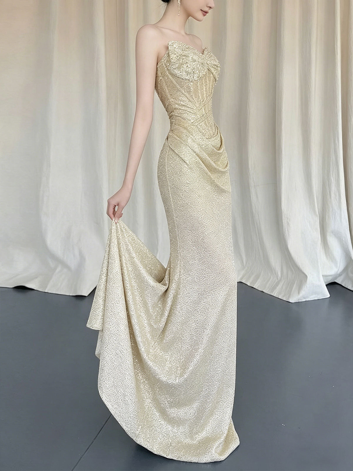 Sweetheart Champagne Draped Glitter Mermaid Formal Evening Gown