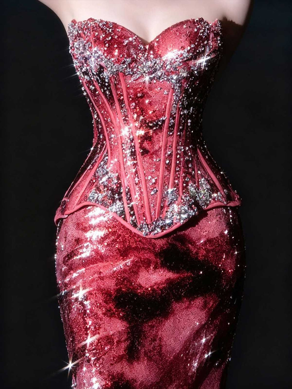 Burgundy Red Strapless Corset Sequin Mermaid Evening Gown