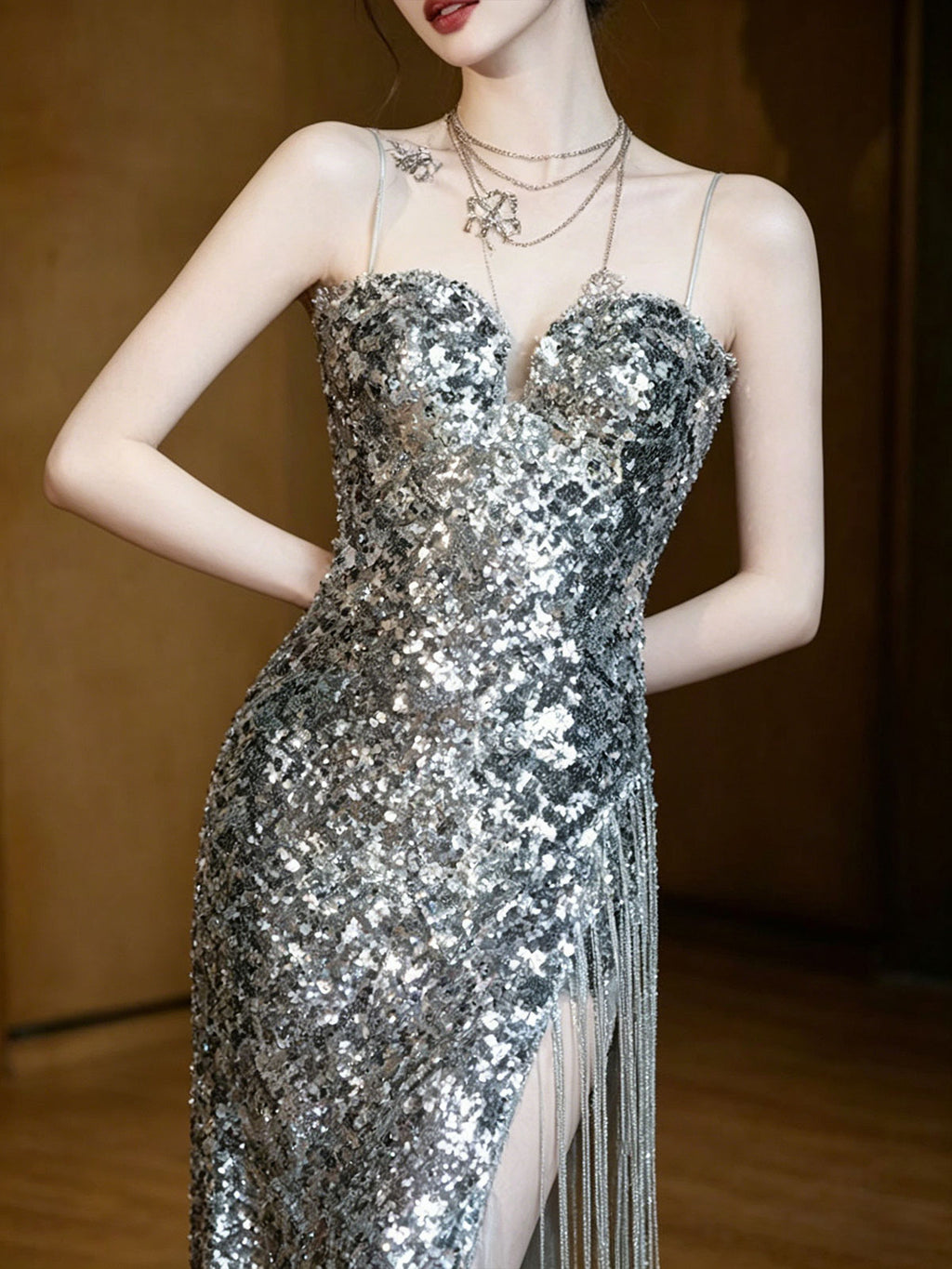 Spaghetti Strap Silver Fringe Slit Sequin Mermaid Evening Gown