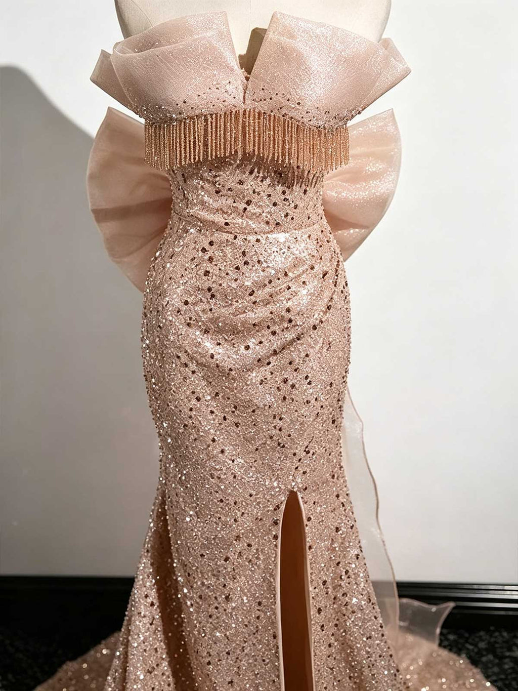 Rose Gold Off-the-Shoulder Sequin Mermaid Evening Gown with Fringe Trim
