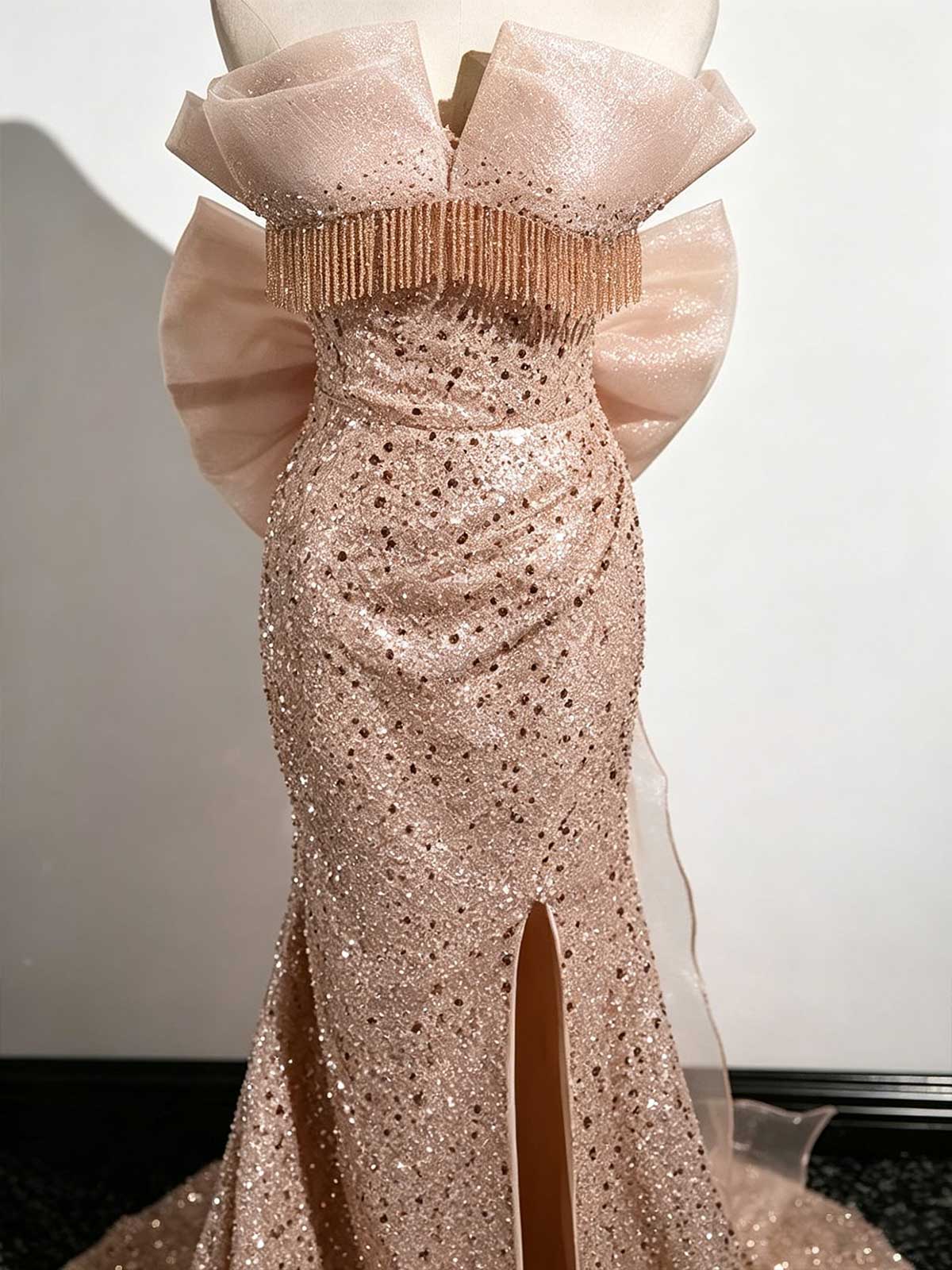 Rose Gold Off-the-Shoulder Sequin Mermaid Evening Gown with Fringe Trim