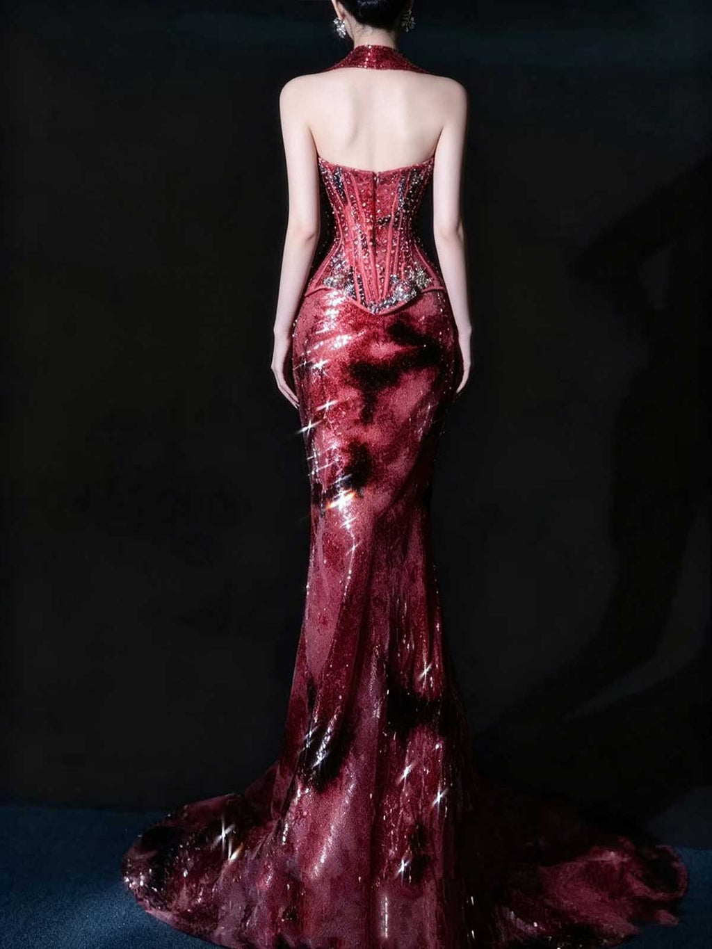 Burgundy Red Strapless Corset Sequin Mermaid Evening Gown