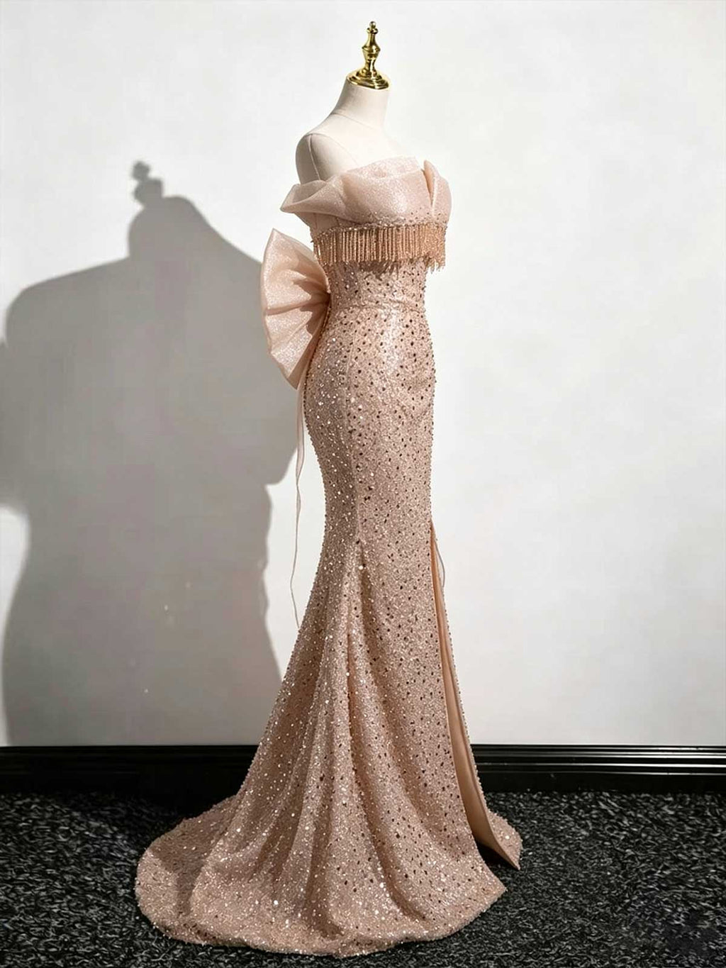 Rose Gold Off-the-Shoulder Sequin Mermaid Evening Gown with Fringe Trim