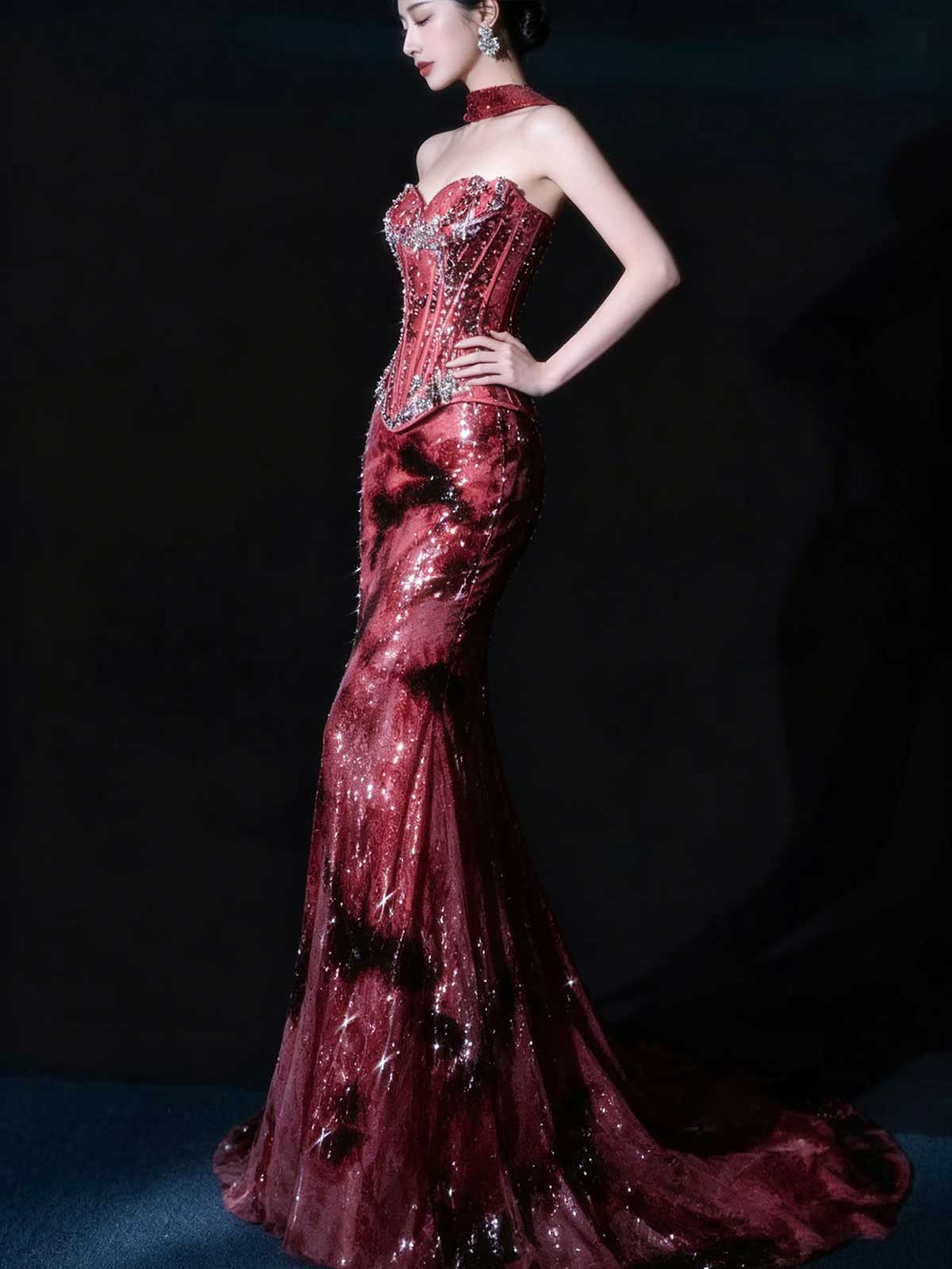 Burgundy Red Strapless Corset Sequin Mermaid Evening Gown