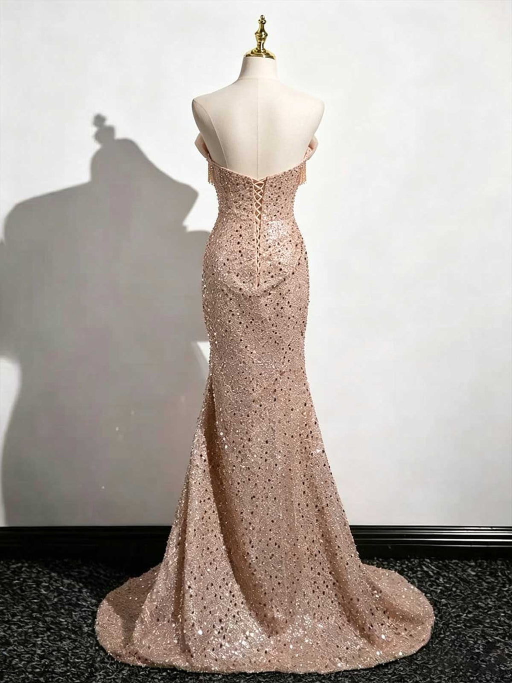 Rose Gold Off-the-Shoulder Sequin Mermaid Evening Gown with Fringe Trim