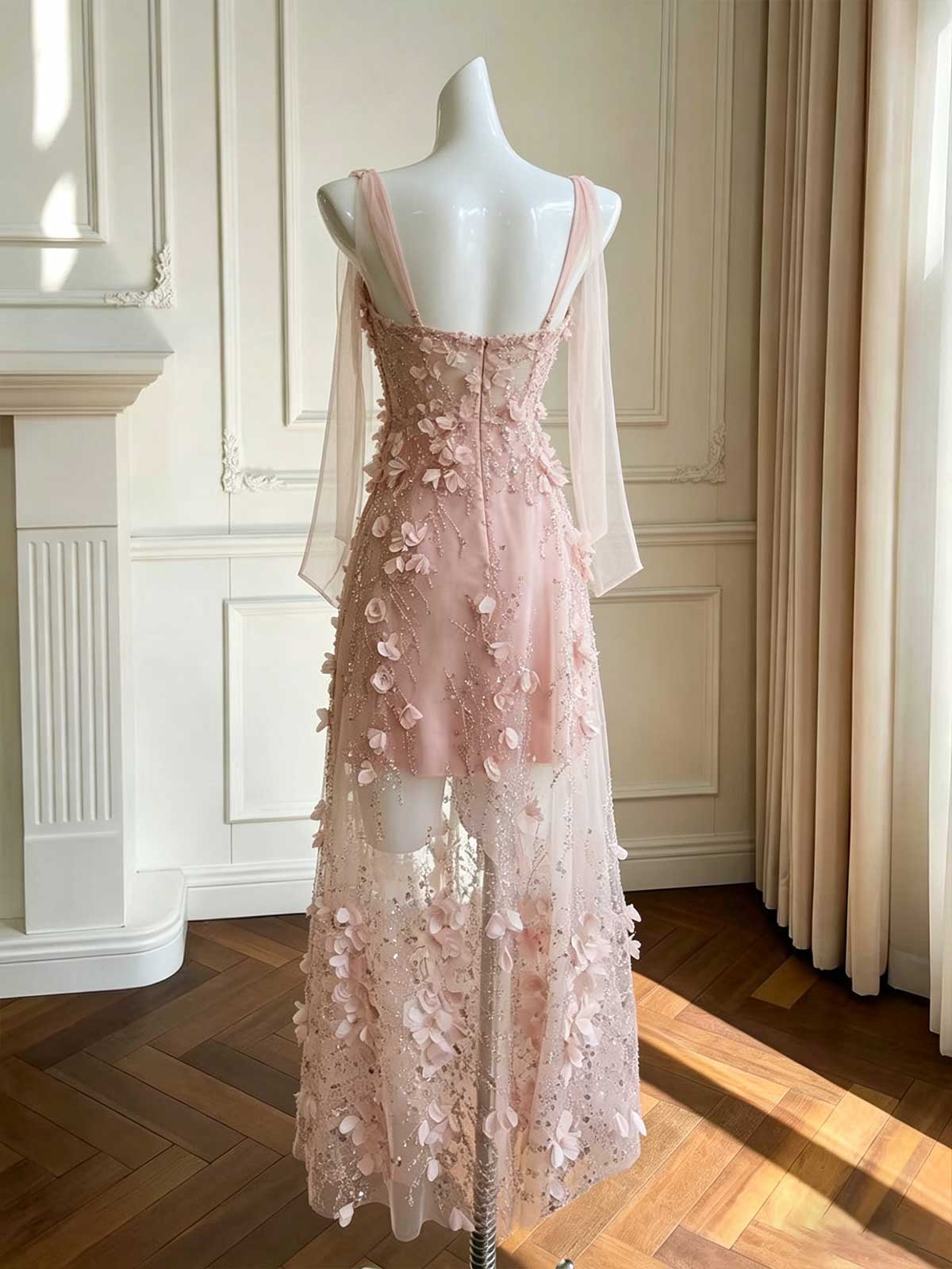 Blush Pink Spaghetti Strap Evening Gown with 3D Floral Appliqués