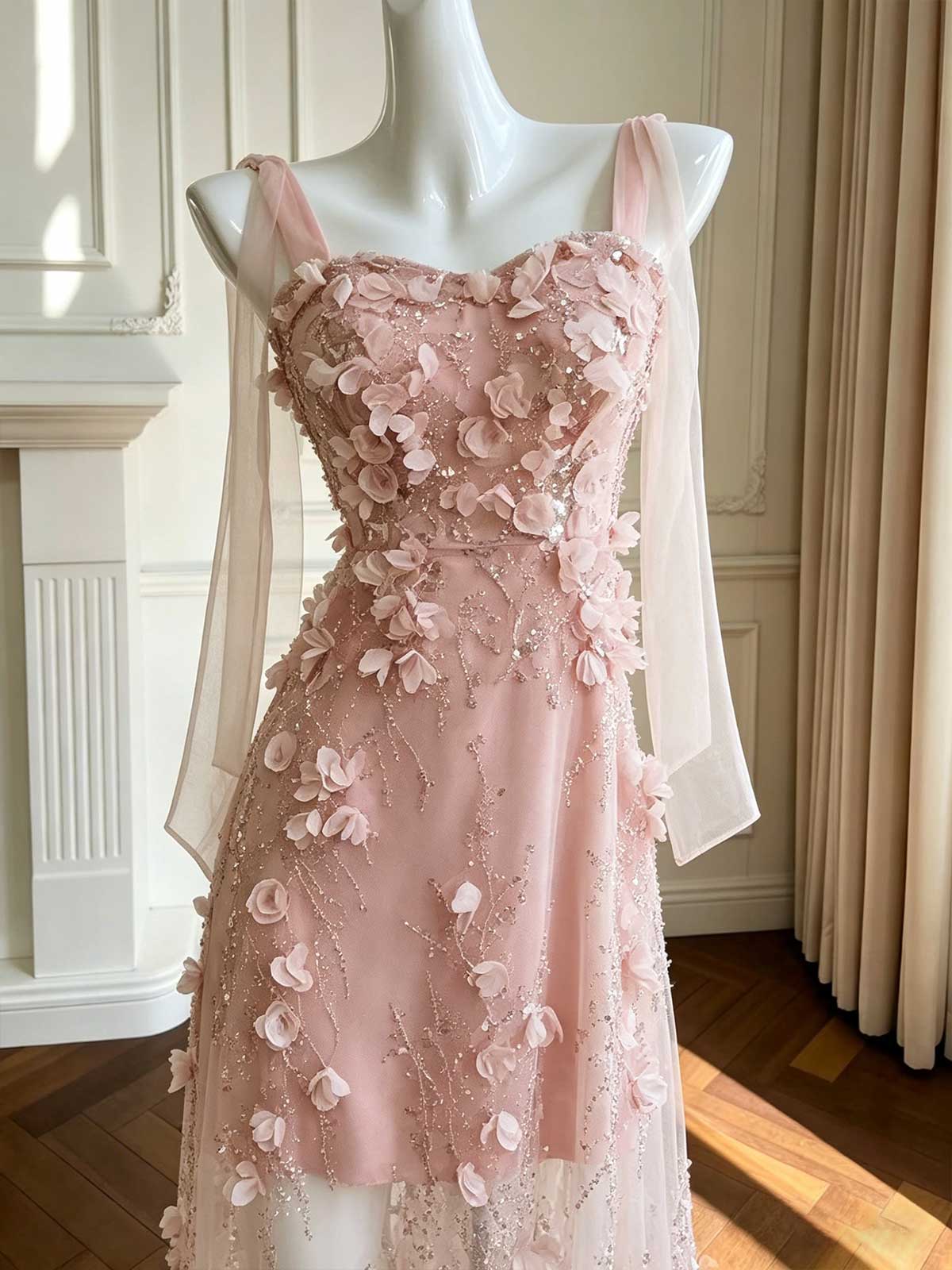 Blush Pink Spaghetti Strap Evening Gown with 3D Floral Appliqués